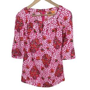 Tory Burch Tunic Size 2 Pink 100% Linen Blouse Floral Print Pattern Abby Shirt